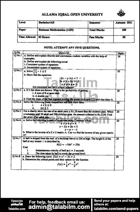 Business Mathematics Code No Autumn Past Papers Aiou