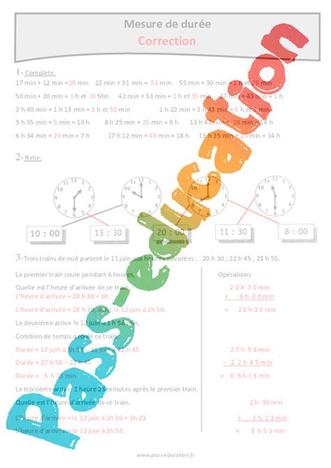 Heure Minute Seconde Cm Exercices Corrig S Sur Le Temps Et Dur E