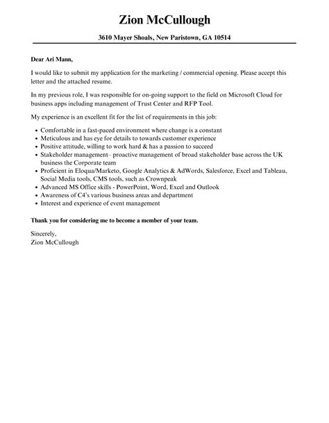 Marketing Commercial Cover Letter Velvet Jobs