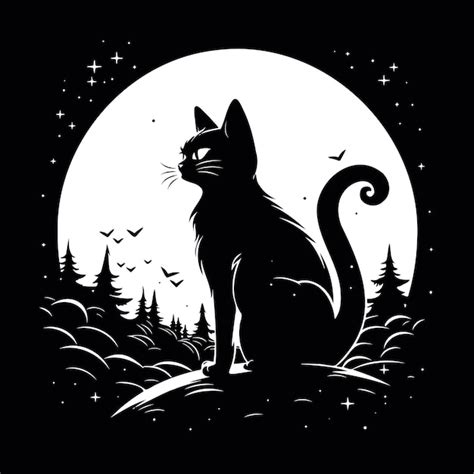 Gato En El Bosque Por La Noche Con Luna Llena Vector Premium