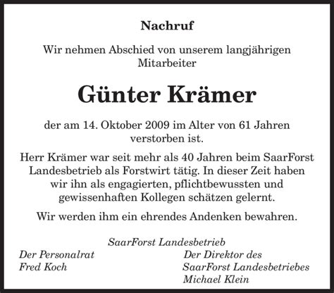 Traueranzeigen von Günter Krämer Saarbruecker Zeitung Trauer de