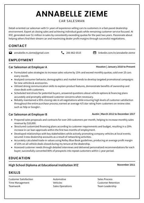 Car Salesman Resume CV Example And Writing Guide