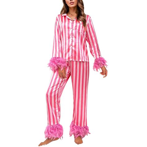 Ehqjnj Womens Pajama Sets Sexy Plus Size Autumn Ice Silk Pajamas Fashion Feather Shirt Trousers