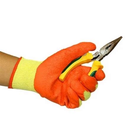 Unisex Yellow Cotton Shell With Orange Crinkle Latex Palm Coated Gloves