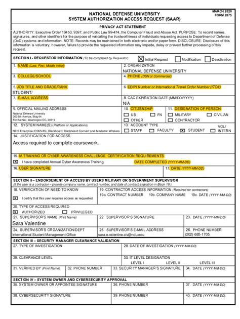 Fillable Online Blank Dd Form 2875pdf System Authorization Access