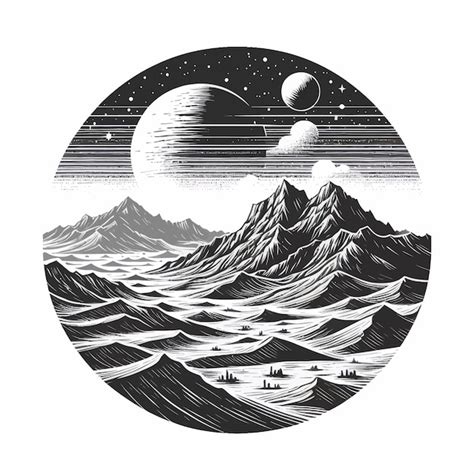 Un Dibujo En Blanco Y Negro De Un Planeta Con La Luna Y Las Estrellas Vector Premium