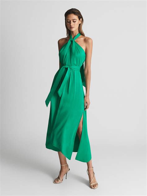 Tie Waist Halterneck Midi Dress In Green Reiss