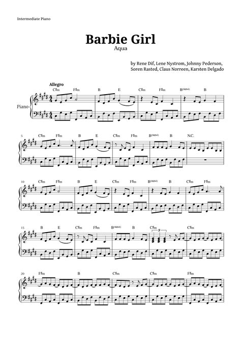 Barbie Girl Arr Langanho Sheet Music Aqua Piano Solo