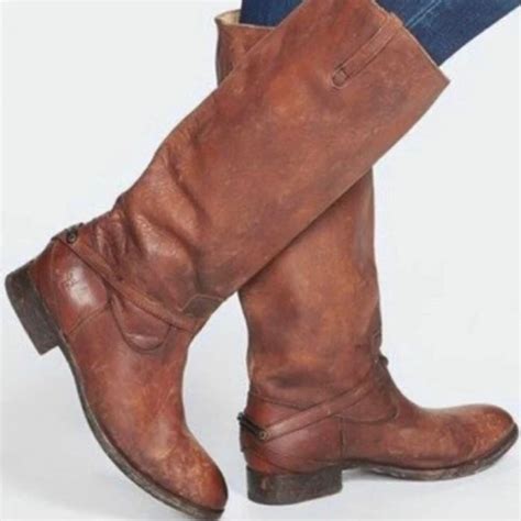 Frye Lindsay Plate Tall Boots Cognac Brown Distresse Gem