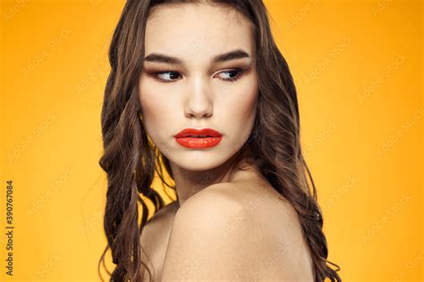 Beautiful Brunette Red Lips Bare Shoulders Skin Care Yellow Background