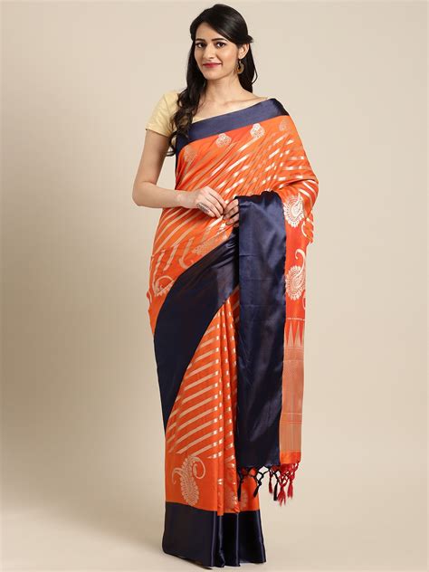 Buy Varkala Silk Sarees Orange And Navy Blue Pure Silk Striped Banarasi Saree Sarees For Women