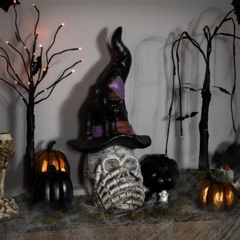 Northlight Skull And Skeleton Hands In Witch Hat With Cat Halloween