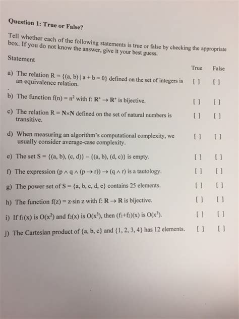 Solved Question 1 True Or False Tell Whether Each Of The Chegg