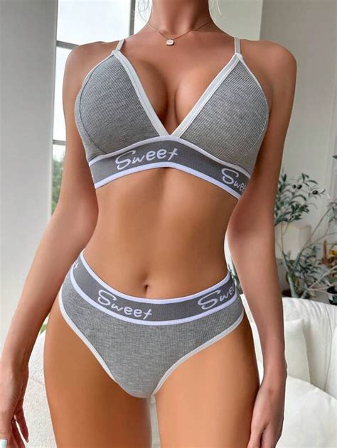 Letter Graphic Contrast Binding Lingerie Set Shein Usa