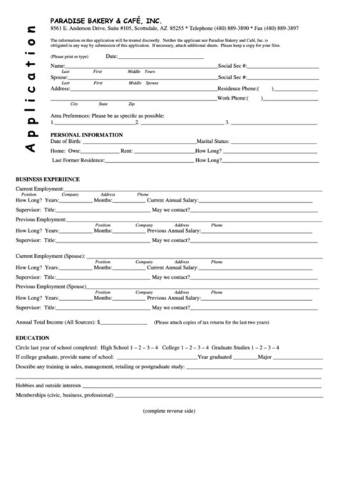 The Application Form Paradise Bakery Printable Pdf Download