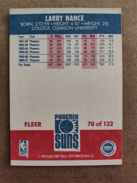 LARRY NANCE Phoenix SUNS 1987 88 FLEER Basketball CARD 78 EBay