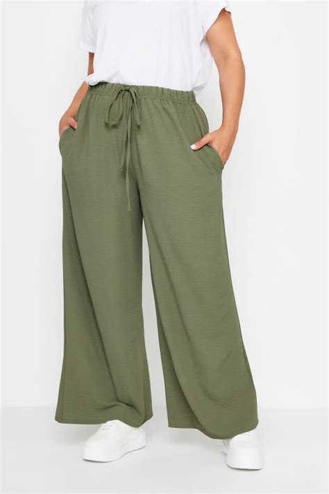 YOURS Plus Size Khaki Green Textured Wide Leg Trousers Yours Clothing