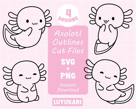 Cute Axolotl Outline SVG Bundle Kawaii Baby Axolotl SVG Cut File For