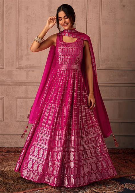 Buy Women Fuchsia Pink Sequin Embroidered Anarkali Suit Set With Dupatta Reds And Pinks Indya