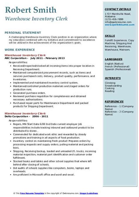 Warehouse Inventory Clerk Resume Samples Qwikresume