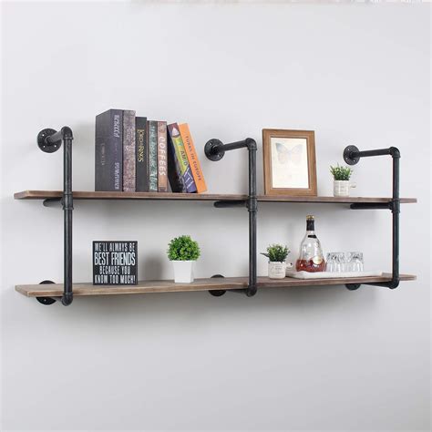 Buy Industrial Pipe Floating Shelves 2 Tiers Wall Bookshelf 63in Rustic