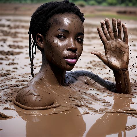 Beautiful Naked Black Woman Playing In A Mud Puddle In Africa Crowded