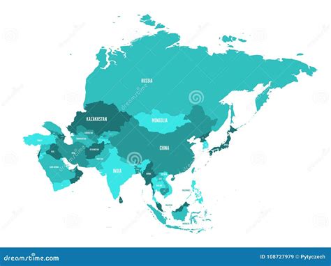 Mapa Político Del Continente De Asia En Sombras De Azules Turquesa Ilustración Del Vector