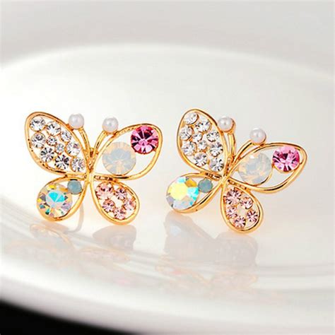 Fashion Jewelry Pearl Butterfly Stud Earrings Female Crystal Stud Ear