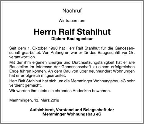 Traueranzeigen Von Ralf Stahlhut Allg Uer Zeitung