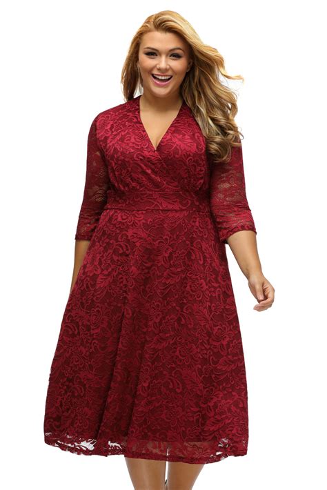 Plus Size Surplice Lace Formal Skater Dress Stage Dance Wear Women Crew