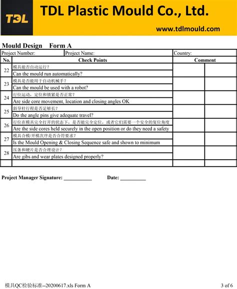 Plastic Injection Mold Quality Inspection Checking List Tdl