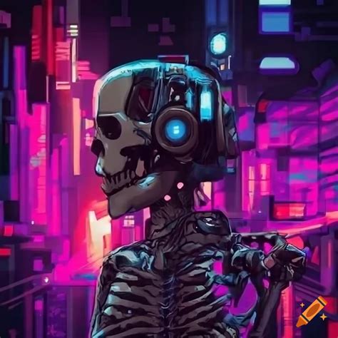 Cyber Punk Skeleton In A Futuristic Background On Craiyon