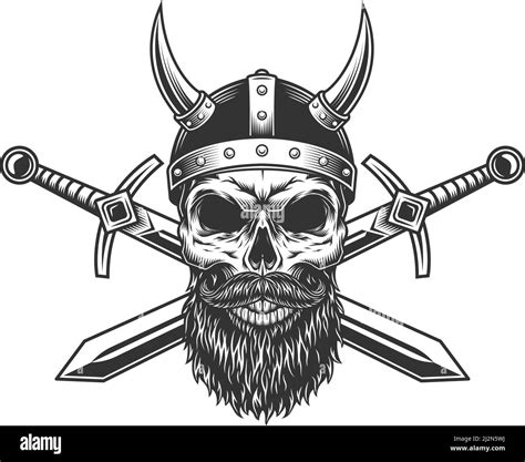 Vintage Viking Skull In Horned Helmet With Mustache Beard And Crossed