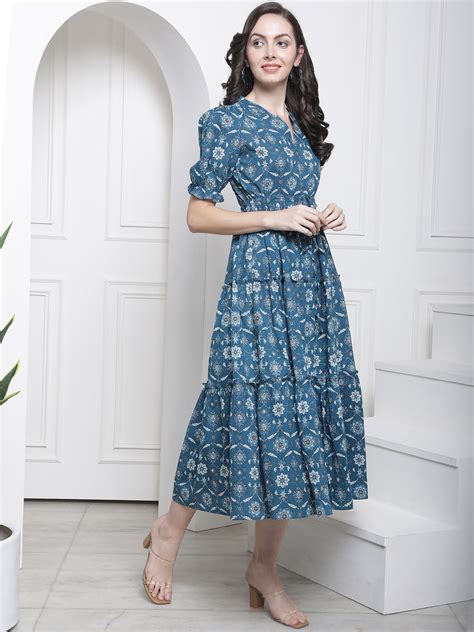 Blue Color Floral Printed Cotton Dress For Women Claura Designs Pvt Ltd