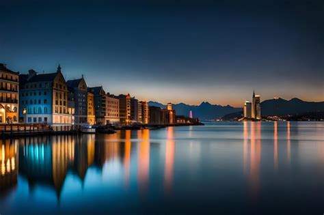 Una Ciudad De Noche Con Un Lago Y Monta As Al Fondo Foto Premium