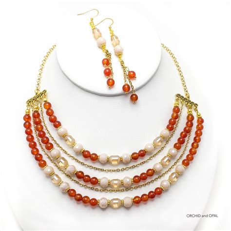 Carnelian And Gold Multi Strand Necklace And Earrings Set Orchid And