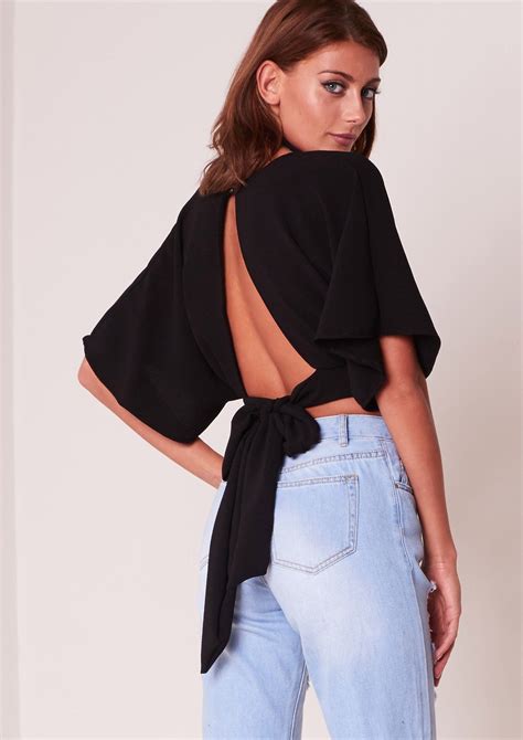 Bethany Black Batwing Cropped Tie Back Top Tops Crop Blouse Women