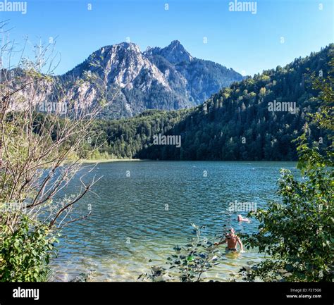 Schwansee Swan Lake Bavarian Alps Bavaria Germany People Enjoy Open