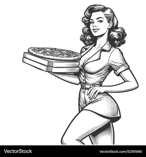 Chef Woman Fresh Pizza Engraving Royalty Free Vector Image