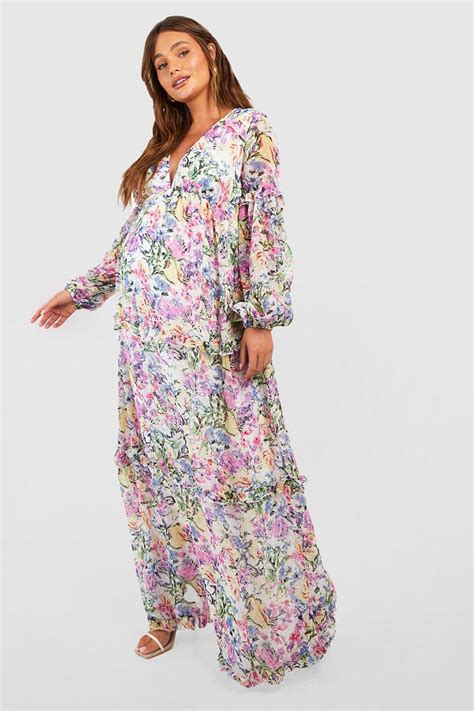 Maternity Floral Dobby Mesh Ruffle Midaxi Dress Boohoo Uk