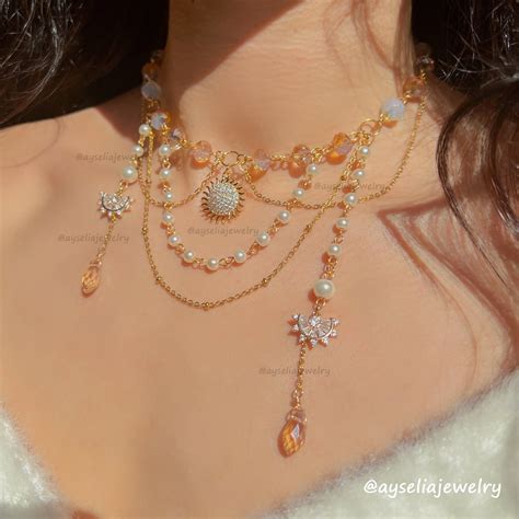 Orange Sun Necklace Pearl And Crystal Beaded Fairycore Necklace