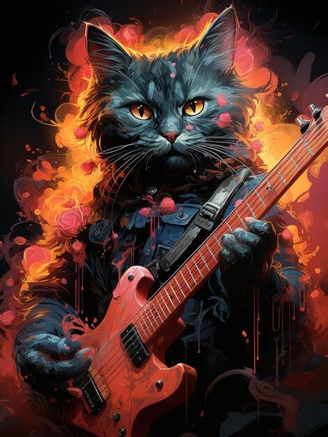 Pintura De Un Gato Tocando Una Guitarra Con Llamas A Su Alrededor