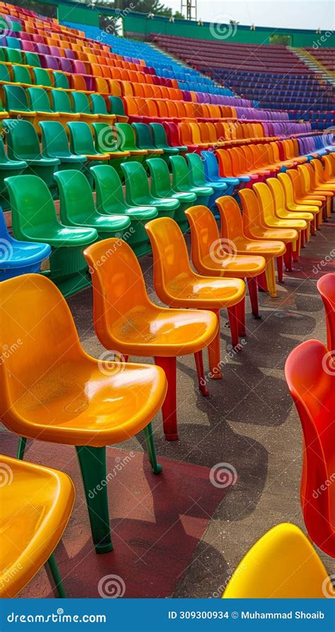 Stadium Grandstand Adorned With Colorful Rows Of Plastic Seating