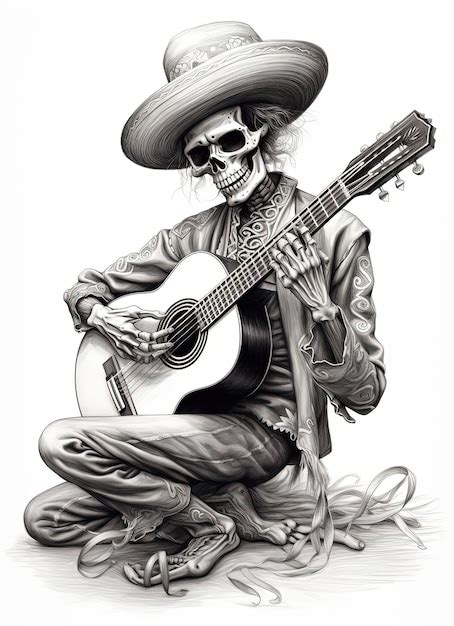 Dibujo De Un Esqueleto Tocando Una Guitarra Santo Foto Premium