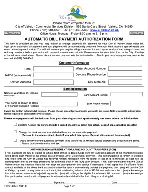 Fillable Online Automatic Bill Payment Authorization BFormb City Of