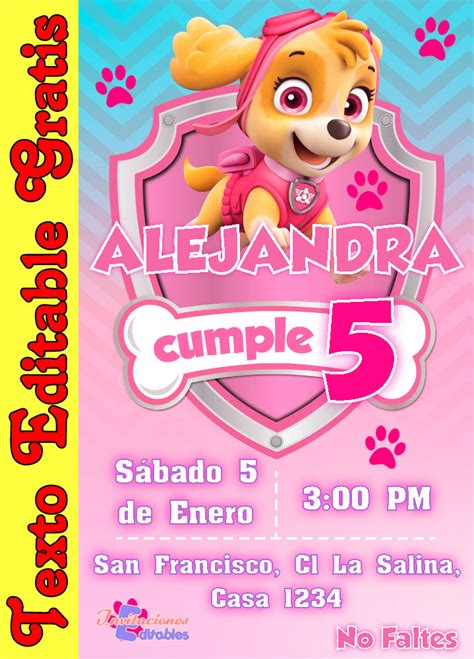 Invitación De Skye Paw Patrol Gratis Invitaciones Editables 2023