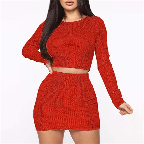 Womens Nightclub Dress Sequin Long Sleeve Two Pieces A Line Slim Fit