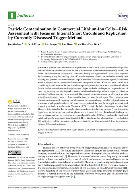 Pdf Particle Contamination In Commercial Lithium Ion Cellsrisk