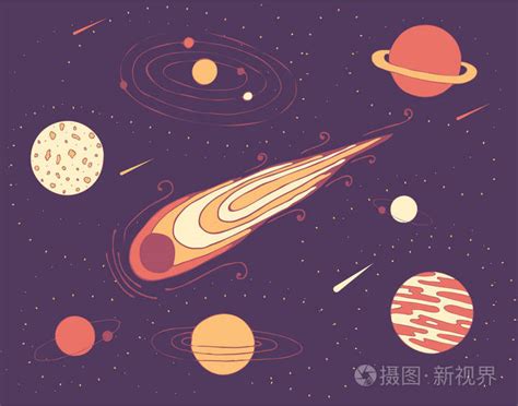 宇宙行星的空间 Illustrationa 陨石和星空中的星系插画 正版商用图片085u67 摄图新视界