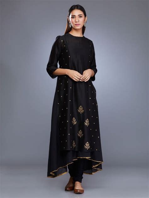 Black Chanderi Silk Embroidered Kurta With Mulmul Slip Designs For